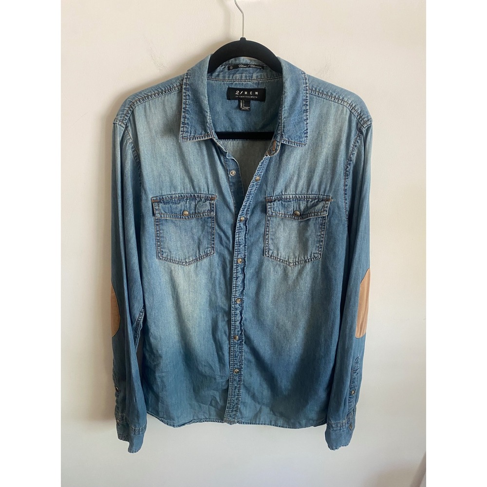 21 Men Denim Western Shirt Light Wash Corduroy Elbow Patches Blue Large L